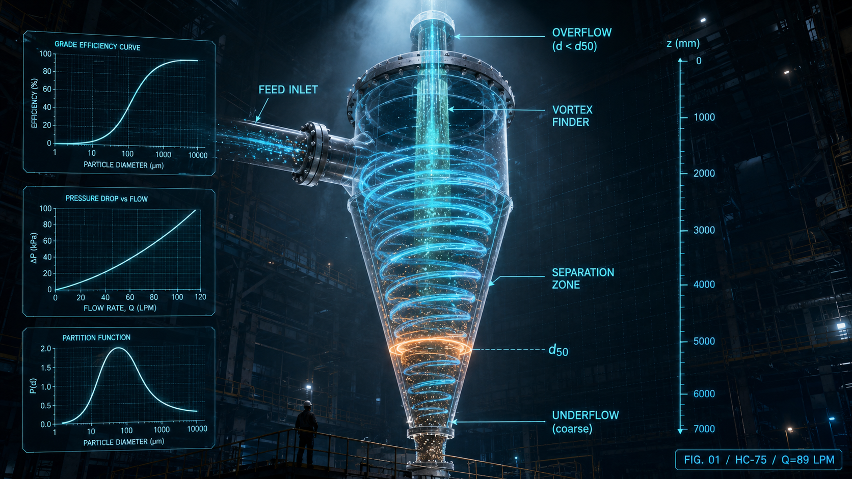Hydrocyclone separator hero diagram — cinematic industrial visualization with X-ray flow, three characterization charts, and z-axis scale.